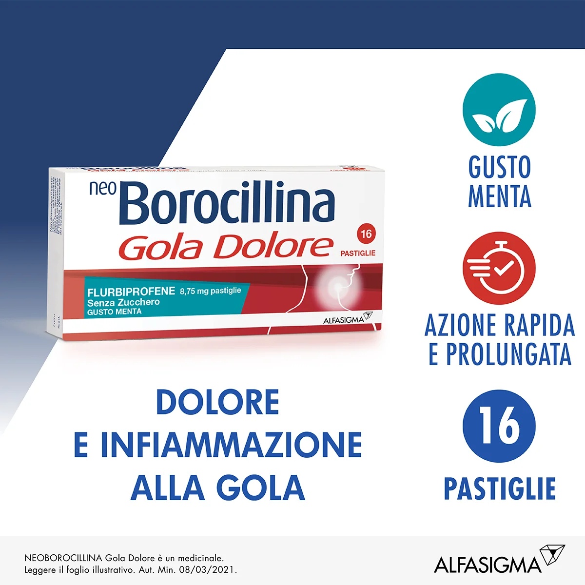 Neo Borocillina Halsschmerzen 8,75 mg zuckerfreie Minz-Lutschtablette 16 Lutschtabletten Halsschmerzen und Entzündungen