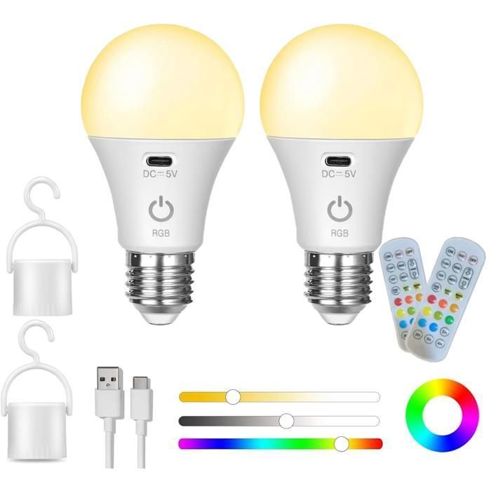 USB C Batterie Ampoule Rechargeable Avec Télécommande -E27 Ampoule Intelligente RGB -3 Températures de Couleur - 2000mAh -5W - 2Pcs