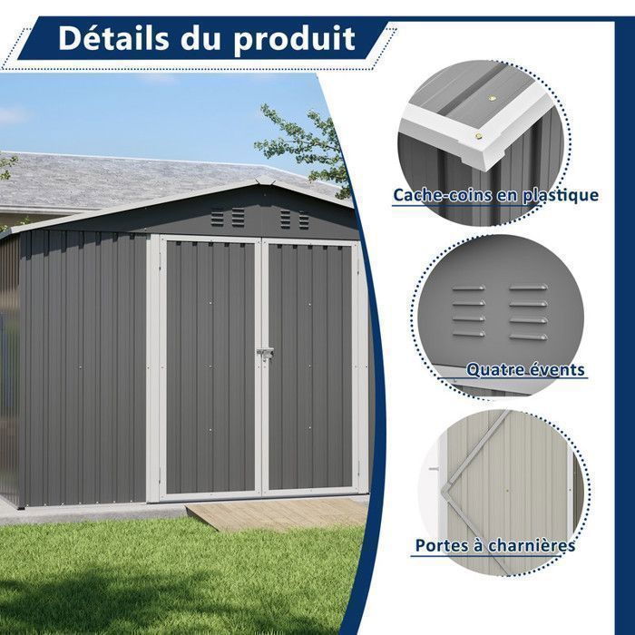 Caseta de jardín metálica Thanaddo de 14,4 m³, 300 x 252 x 191 cm, kit de anclaje incluido, 2 puertas con bisagras - Gris