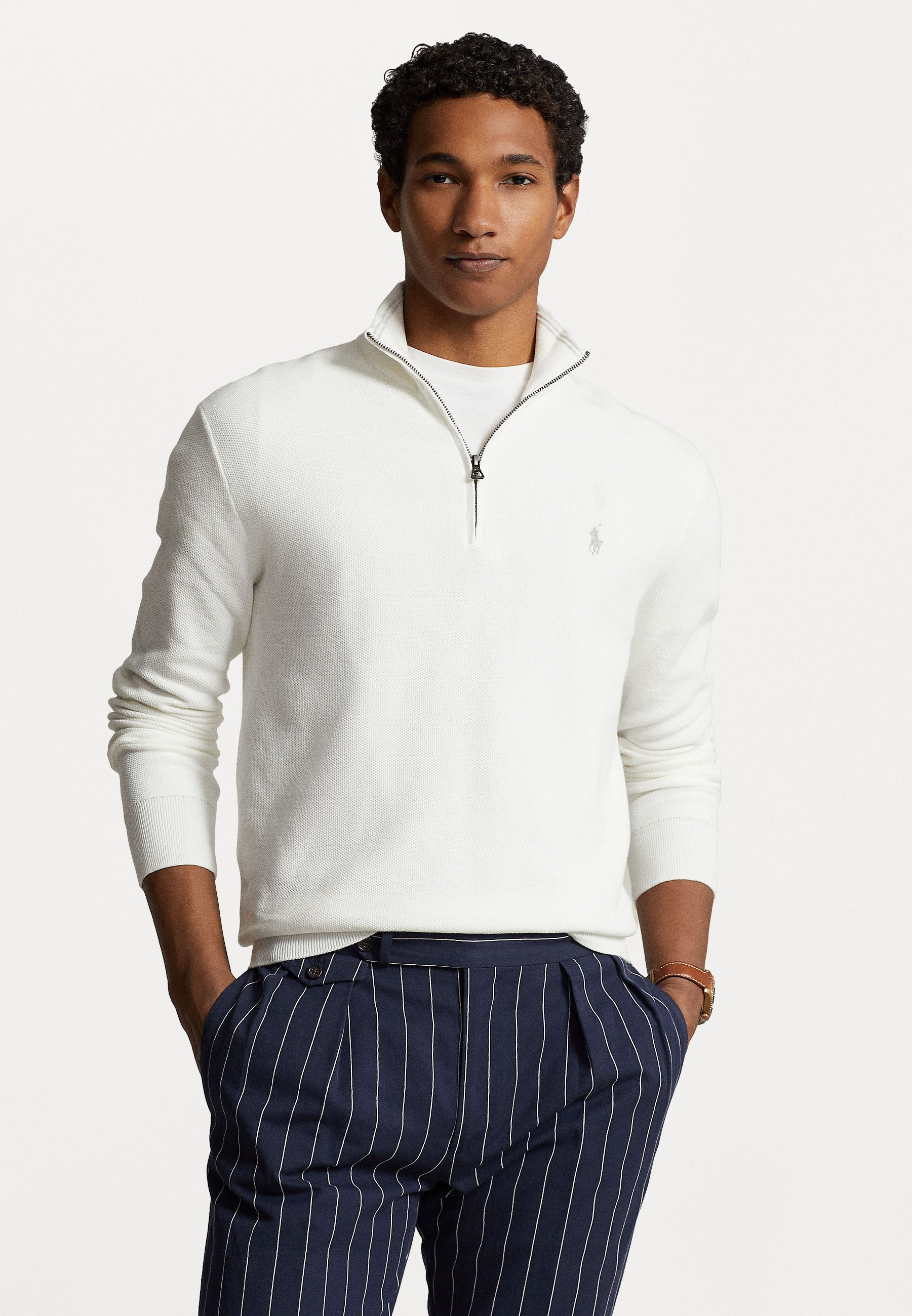 Polo Ralph Lauren gebreide katoenen trui met kwartrits - Trui - deckwash wit