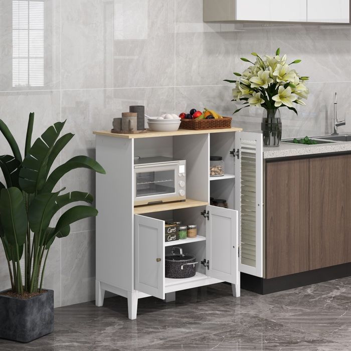 Mueble para microondas - HOMCOM - mueble de cocina con 1 nicho, 3 puertas de cristal templado - madera y cristal - 80x35x97cm - blanco