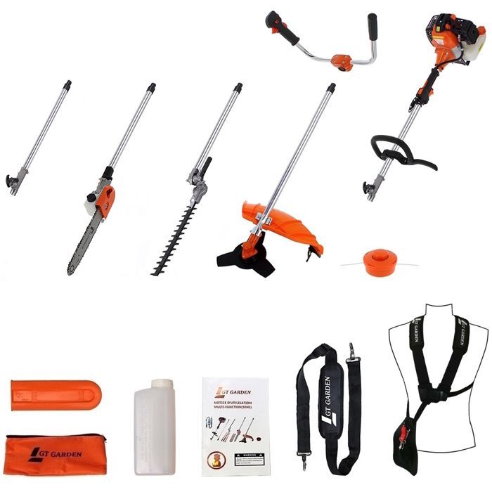 GT GARDEN - Multifonction thermique 4 en 1 avec guidon : tronçonneuse - débroussailleuse - taille-haies et rallonge