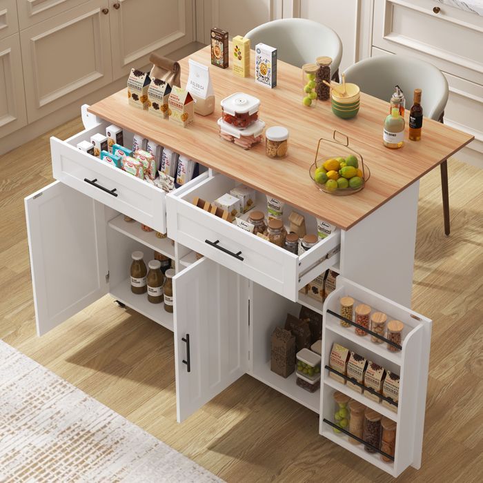 Isla de cocina con ruedas, encimera de madera plegable, tres puertas y dos cajones, carrito de servicio/buffet, color blanco.