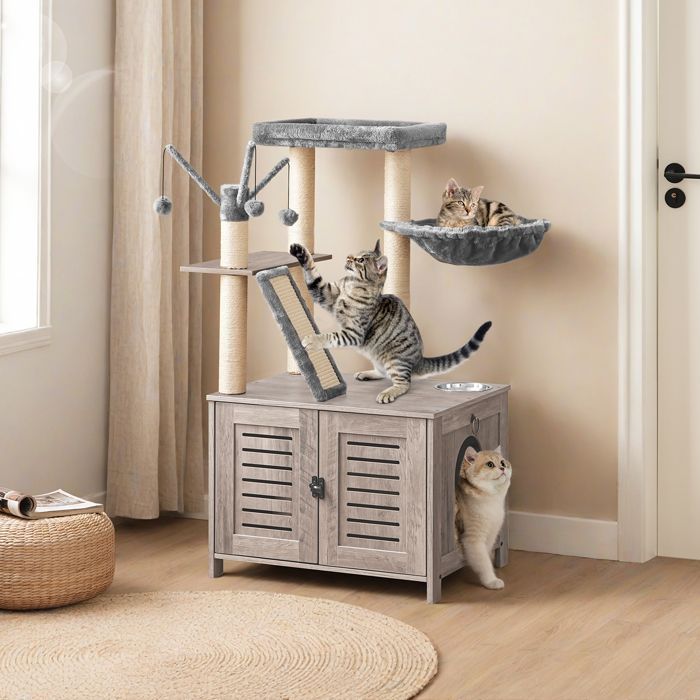 HOOBRO Cat Tree with Cat Litter Box, Wooden Cat House with Cat Tower, Greige
