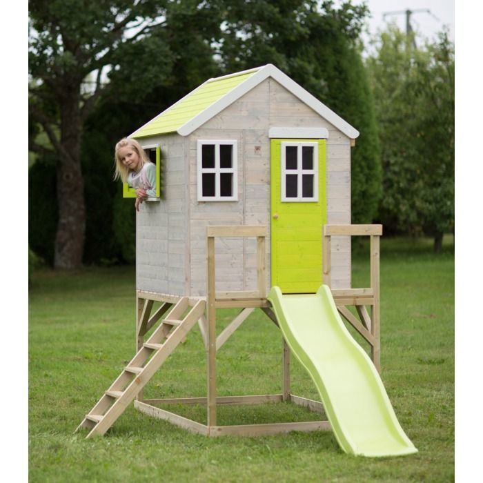 KANGUI Maison de jardin enfant extérieurs avec plateforme, toboggan et double balançoire - Toit étanche - Vert et Blanc