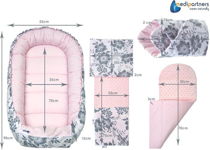 Medi Partners 5 éléments Cocon de Bébé 100x60x15cm 100% Coton Réducteur de lit Bébé (Berry avec Rosa Minky)