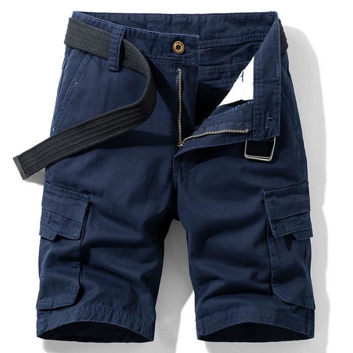 Bermuda Homme Cargo en coton Coupe droite Taille standard Multipoches Sans ceinture - Bleu