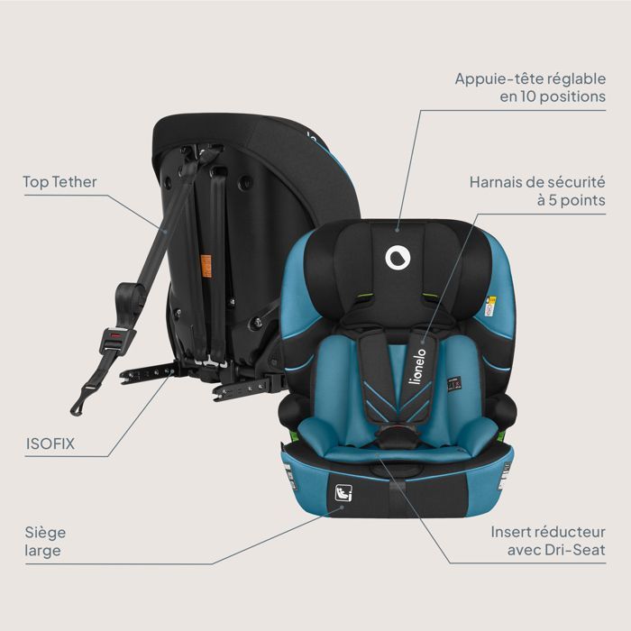 Seggiolino auto convertibile LIONELO Levi Fix i-Size - ISOFIX - 76-150 cm - Seduta larga - Gruppo 1/2/3 - Blu