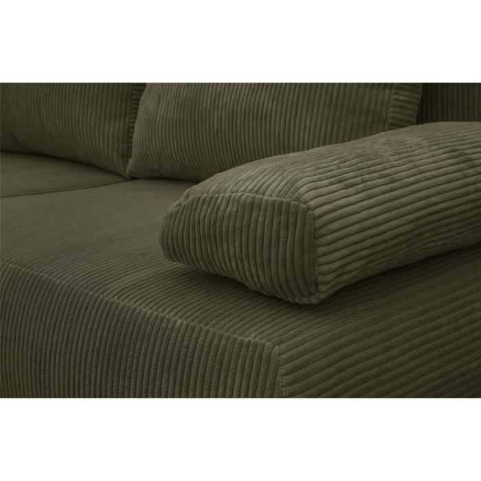 Canapé convertible - 3 places - MIKA - Velours côtelé vert kaki - Coffre de rangement - L 192 x H 84 x P 93 cm
