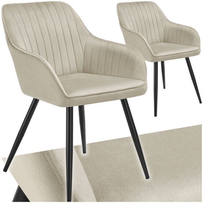 Stoelen - TECTAKE - Set van 2 MARYLIN eetkamerstoelen in fluweellook met zwarte stalen poten - Crème