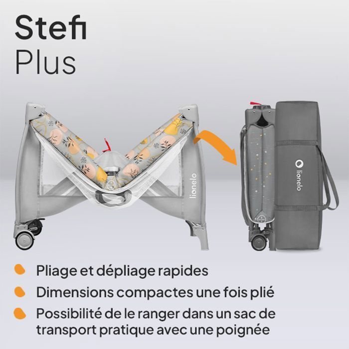Cuna de viaje compacta 2 en 1 LIONELO Stefi Plus - Parque infantil - Colchón de alta densidad - 0-36 meses - 2 ruedas - Gris/Multicolor