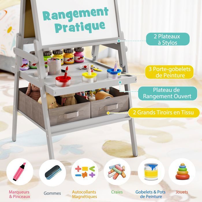 Tableau Enfant 3 en 1 - DREAMADE - Chevalet Enfant Double Face - Rouleau de Papier - 3 Pots de Peinture - 2 Boîtes en Tissu - Gris