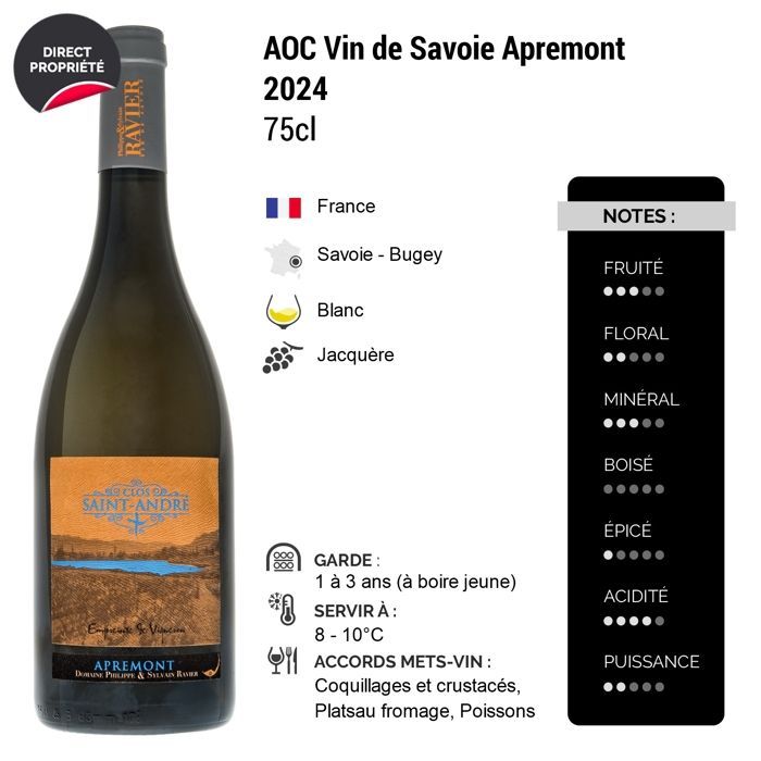 Philippe e Sylvain Ravier Vin de Savoie Apremont Le Clos Saint André 2024 - Vinho Branco de Savoie - Bugey (6x75cl)