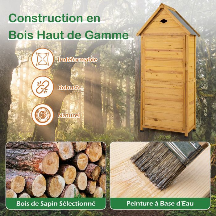 COSTWAY Fir Wood Garden Storage Cabinet - Lockable Door, 4 Removable Shelves, Floor - Sloping Roof - Ventilation