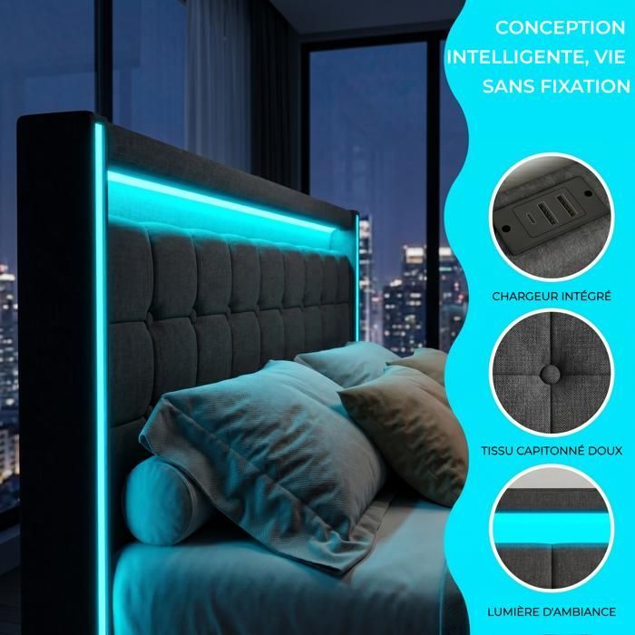 Tweepersoonsbed 160x200 cm - Volwassenenbed met LED-verlichting en USB-oplaadpunt - 4 lades - lattenbodem - linnen - donkergrijs