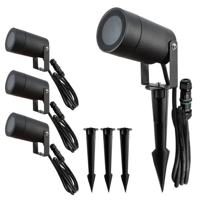 Faretti da esterno di design con picchetti (x4) - Per lampadine LED GU10 - Impermeabili IP65 - Regolabili - Fissaggi discreti - Neri