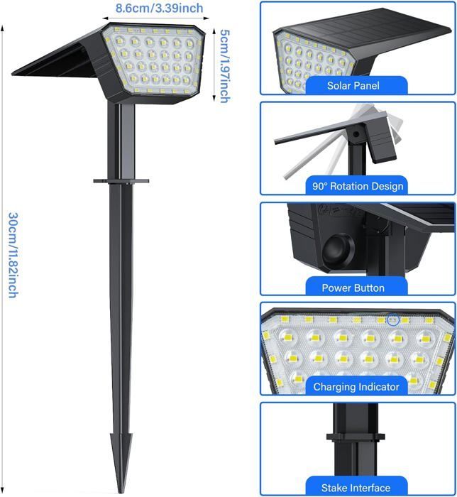 Focos solares para exteriores, 4 unidades, 44 luces LED solares para exteriores con 3 modos de iluminación, lámpara solar para exteriores con clasificación de impermeabilidad IP65.