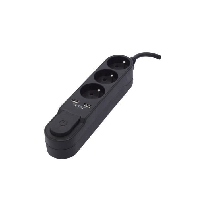 Régua de tomadas CHACON com interruptor, 3 tomadas de 16A e 2 portas USB de 2A, cabo de 1,5m.