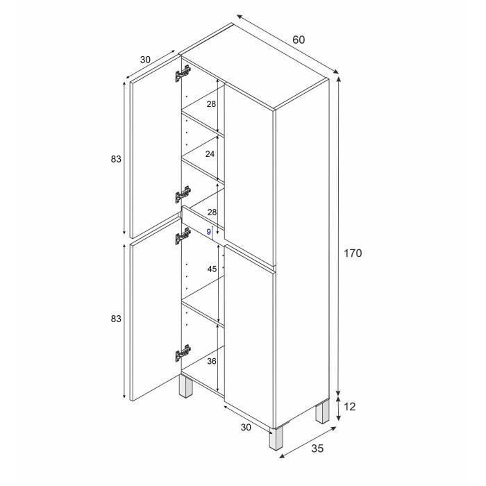 Bathroom cabinet - double column - Glossy white - 4 doors - W60 x D35 x H182 cm - DESTAL