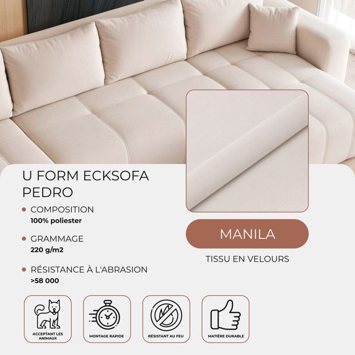 Sofá esquinero panorámico PEDRO IDOHOME de 7 plazas en terciopelo color crema, convertible con espacio de almacenamiento.