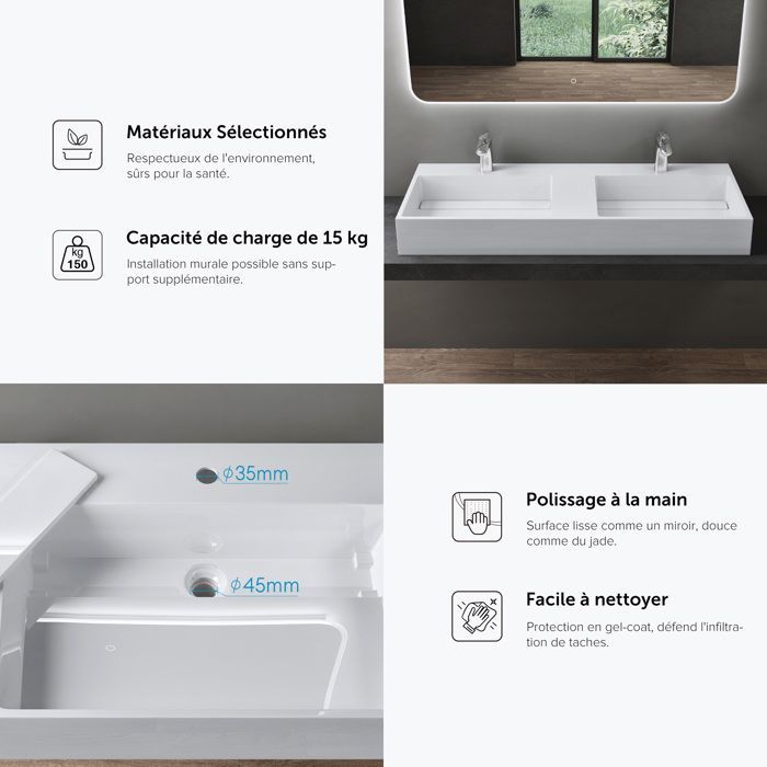Lavabo doble suspendido Sogood, blanco, 120 cm, lavabo de encimera con desagüe, lavabo rectangular, 120 x 48 x 13 cm, Colossum12