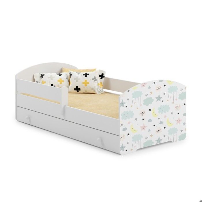 Cama infantil LUK – Blanca, 160 x 80 cm, con barandilla, cajón y colchón – con estampado de estrellas.