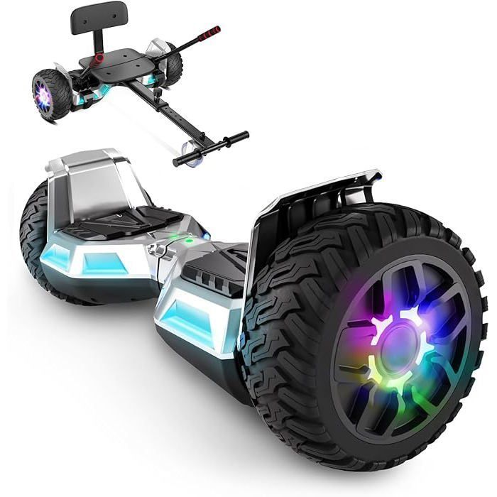 Hoverboard with integrated seat, 8.5 inches with Bluetooth speaker and LED lights for children (including pedal kart) Silver