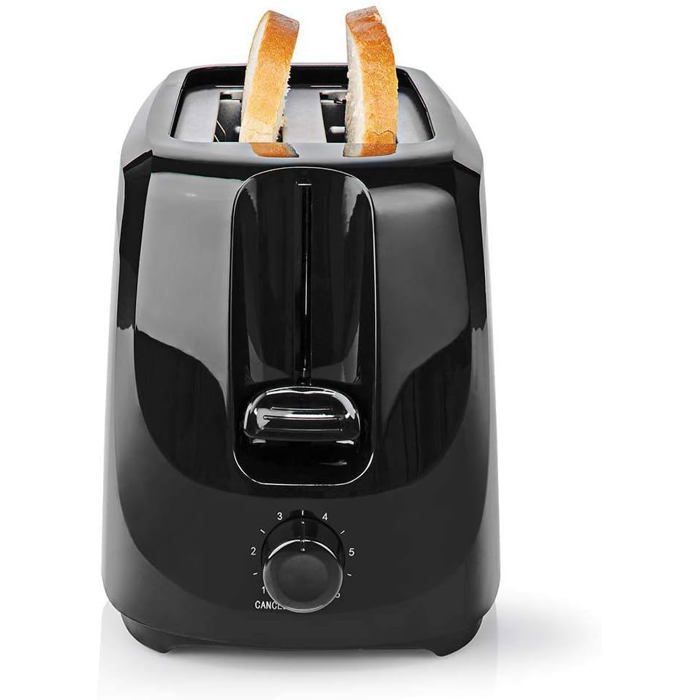 Grille-pain compact - TRAHOO - 2 fentes - Réglage toast x6 - Plateau ramasse-miettes - Noir - 35x26x17 cm - 700 Watts