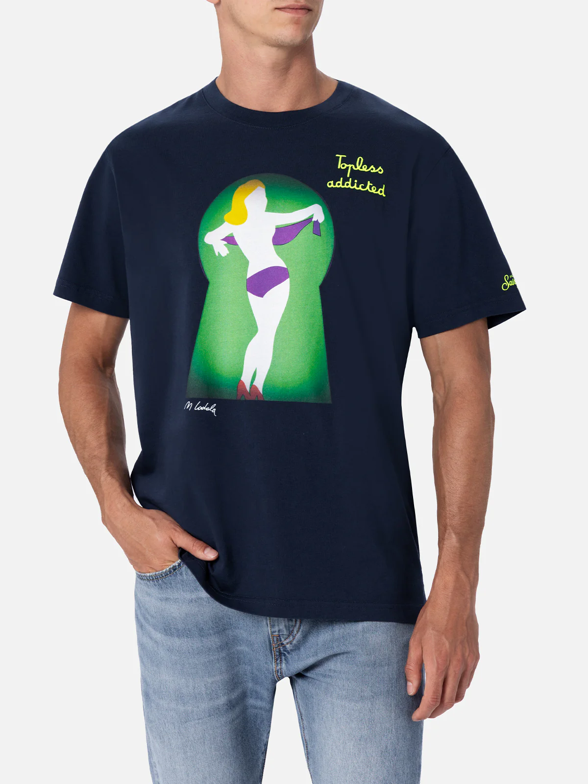 T-shirt da uomo in cotone con stampa piazzata e ricamo Lodola | MARCO
