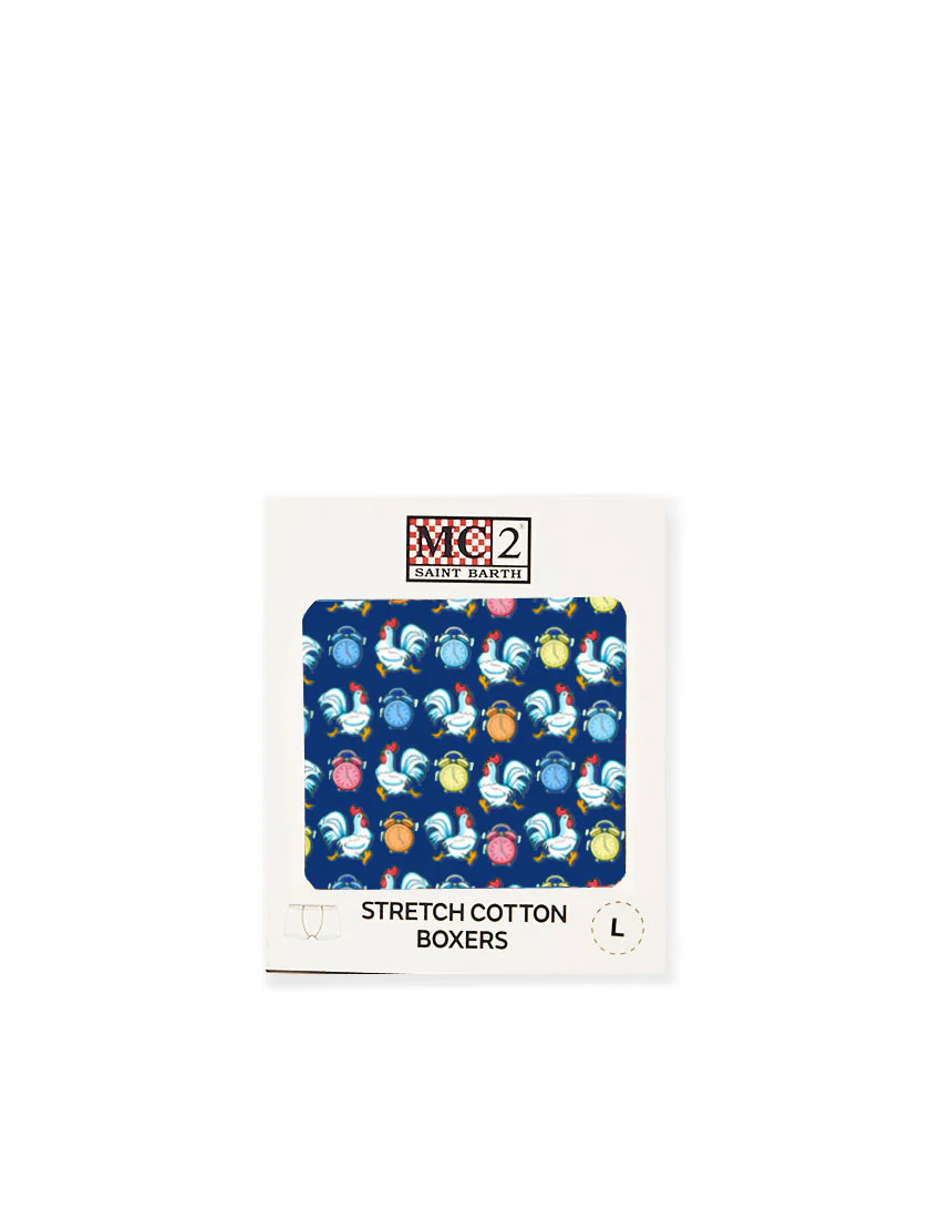 Onderbroek/boxershort met print van een mini-haantje en een wekker.