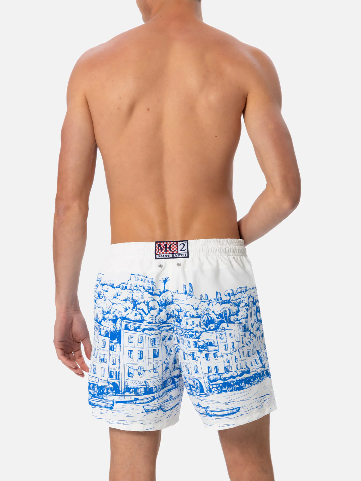 Heren Gustavia Mid-Length Zwembroek | Portofino Piazzetta Print | Elastische tailleband | Verstelbaar trekkoord | MC2 Saint Barth