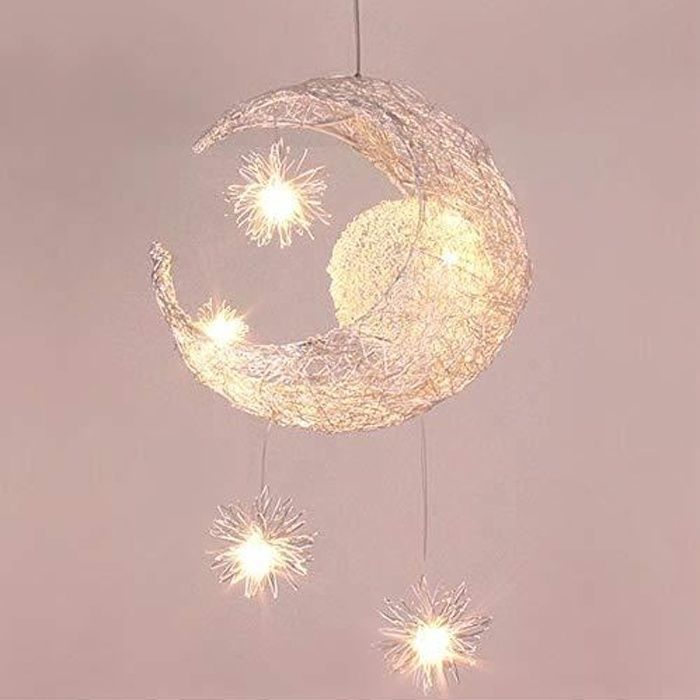 Suspension industrielle Lune étoiles LED pour chambre d'enfant - Lustre en aluminium avec 5 ampoules
