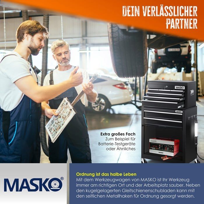 Carrello da officina - MASKO - 9 cassetti con serratura - Acciaio massiccio - Ruote piroettanti con freno