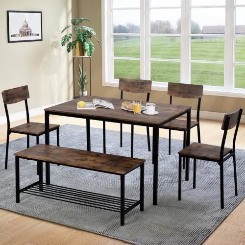 Dining Table and 4 Chairs with Bench for Dining Room - 6-Piece Set, Table 110 x 70 x 75 cm - Brown and Black