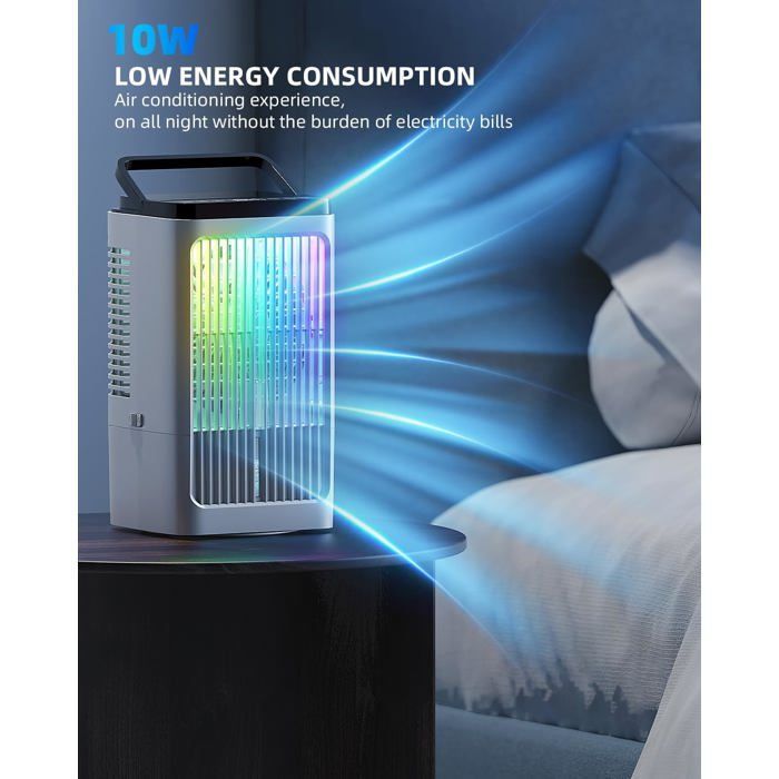 Aire acondicionado portátil, silencioso, 5 en 1, con capacidad de 1200 ml, oscilación de 90°, 4 velocidades y 2 modos de niebla.