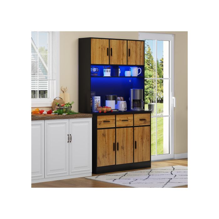 Zwart keukendressoir met ledverlichting, houten eetkamerkast - Moderne stijl - B 100 x D 40 x H 180 cm