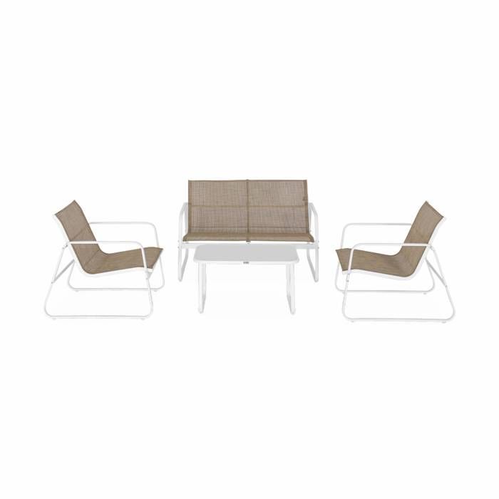 Conjunto de muebles de jardín de metal y textilene para 4 personas. Blanco y natural. Diseño