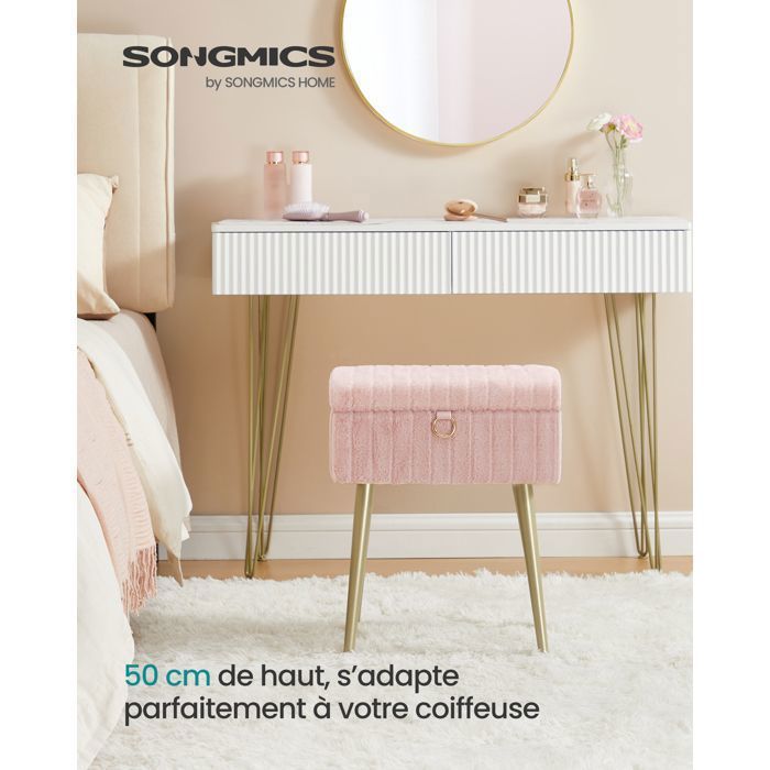 Taburete para tocador con almacenamiento, patas de metal, color rosa caramelo - SONGMICS