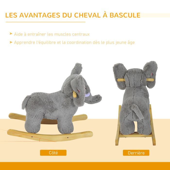 Elefante balancín HOMCOM para niños, juguete balancín para bebés de 18 a 36 meses - Música y asas, capacidad de carga de 60 kg, gris