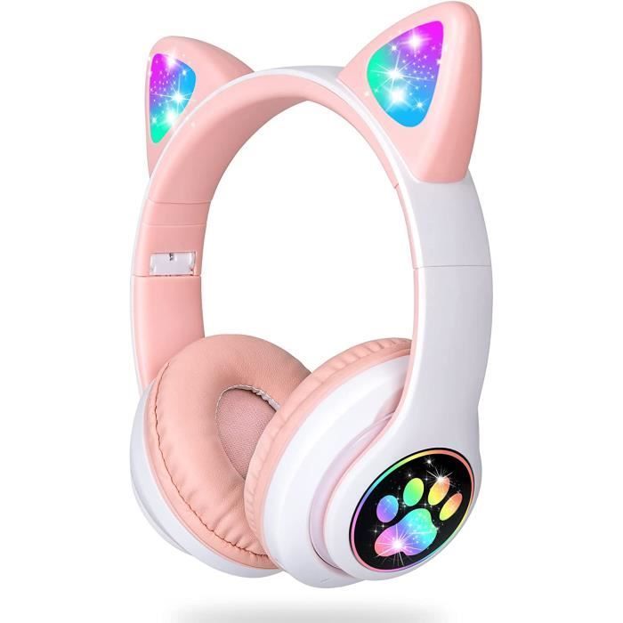 Auriculares para niñas con diseño de orejas de gato, luz LED, plegables, con Bluetooth, micrófono, ranura para tarjeta micro SD/TF, para A818