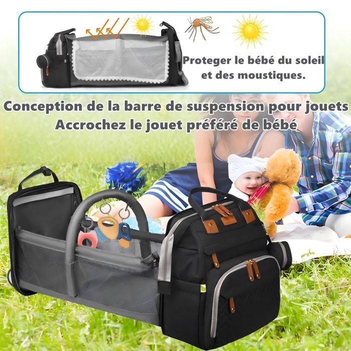 Mochila para fraldas com trocador integrado – Bolsa de viagem multifuncional impermeável de grande capacidade na cor preta.