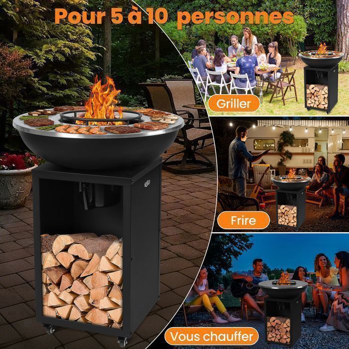 Barbecue a carbone KOTEZU da 67 cm con piastra, griglia centrale da 28 cm, cassetto cenere rimovibile, con ruote, per giardino e patio.