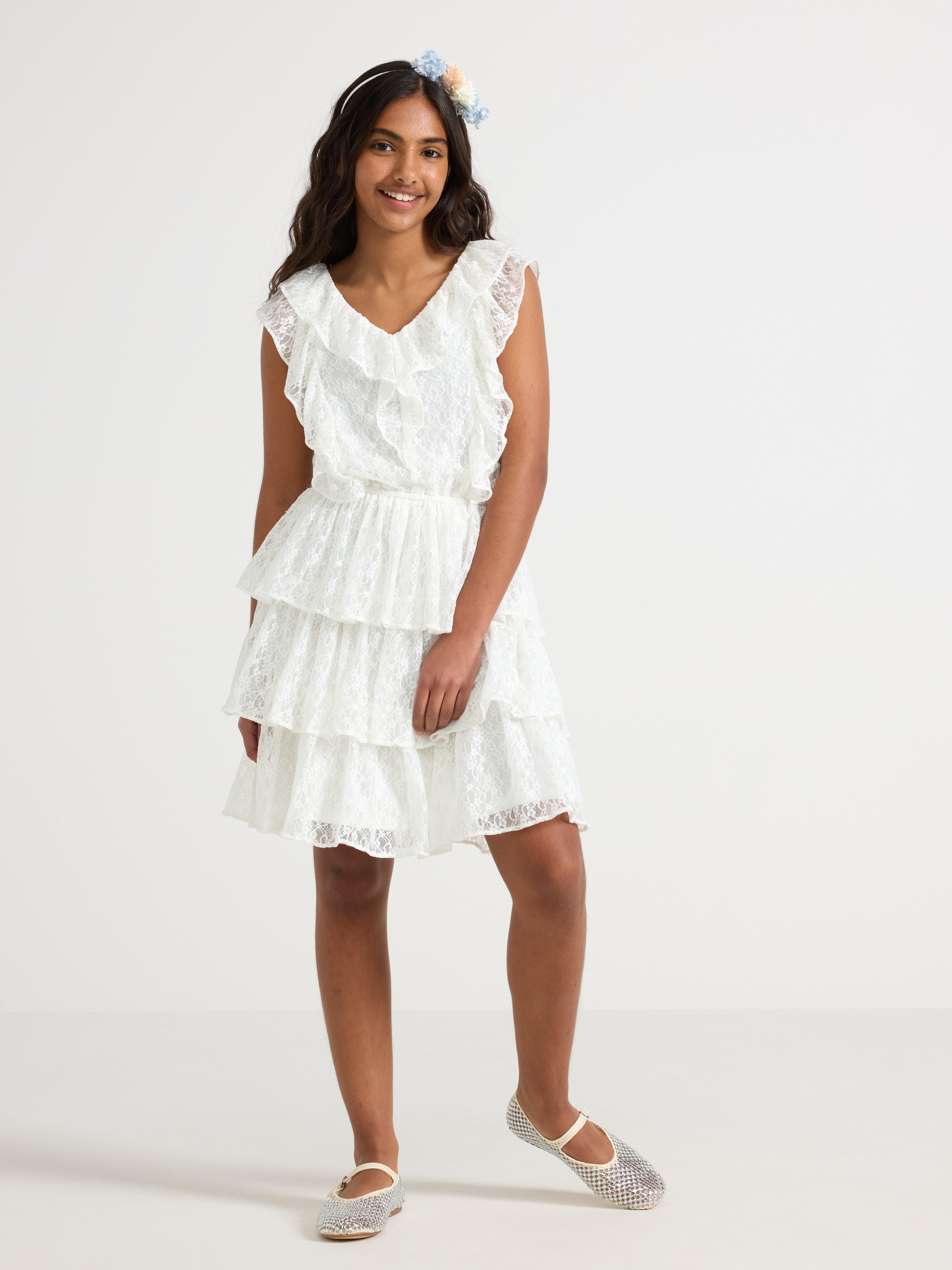 Krajkové šaty s volánky Off White