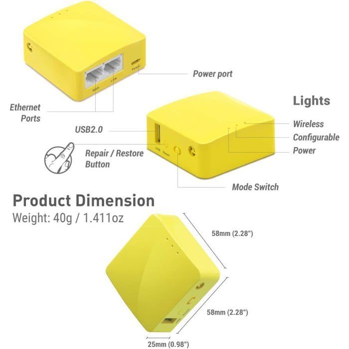 GL-MT300N-V2 Mango Mini Router VPN WiFi portátil, OpenWRT, Punto de acceso/Repetidor, 2 puertos Ethernet, USB 2.0, 128 MB de RAM
