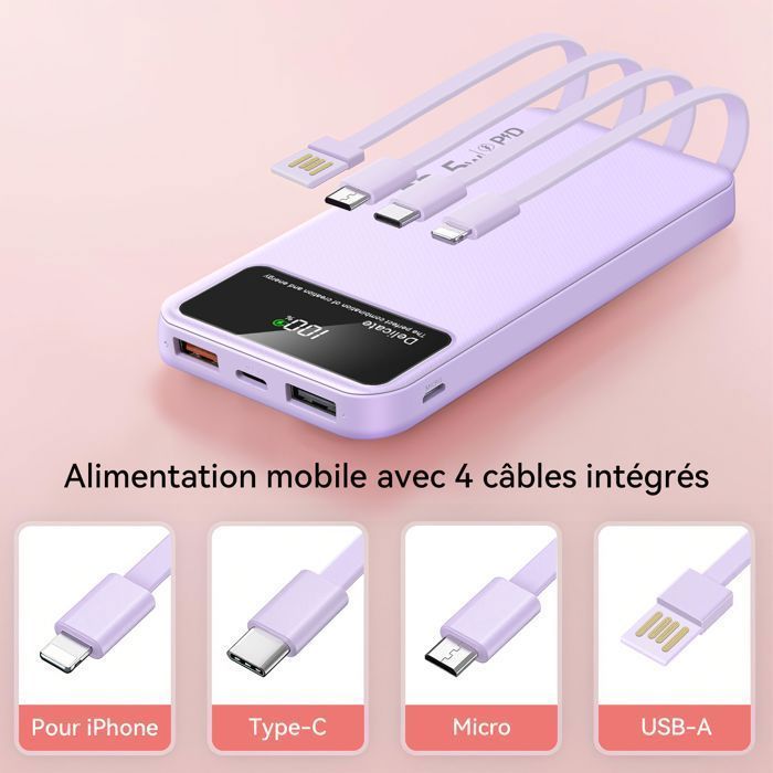 Purple 20000mAh External Battery - Slim Power Bank - 4 Integrated Cables, 6 Outputs, 3 Inputs - LED Display - Compact
