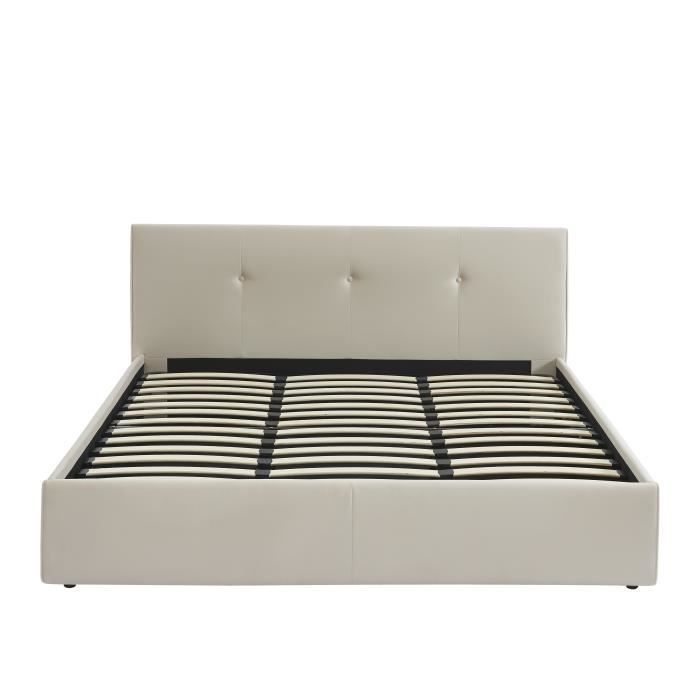 Cama con almacenamiento - BAÏTA - Gama SEGURO - Terciopelo color crema beige - 180 x 200 cm, somier de láminas incluido