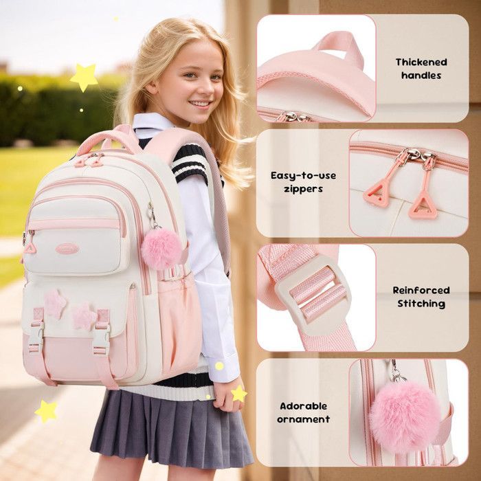 Mochila escolar feminina para o ensino fundamental, mochila infantil para o 4º e 5º ano, mochila escolar com pingente de tassel, mochila escolar casual, rosa.