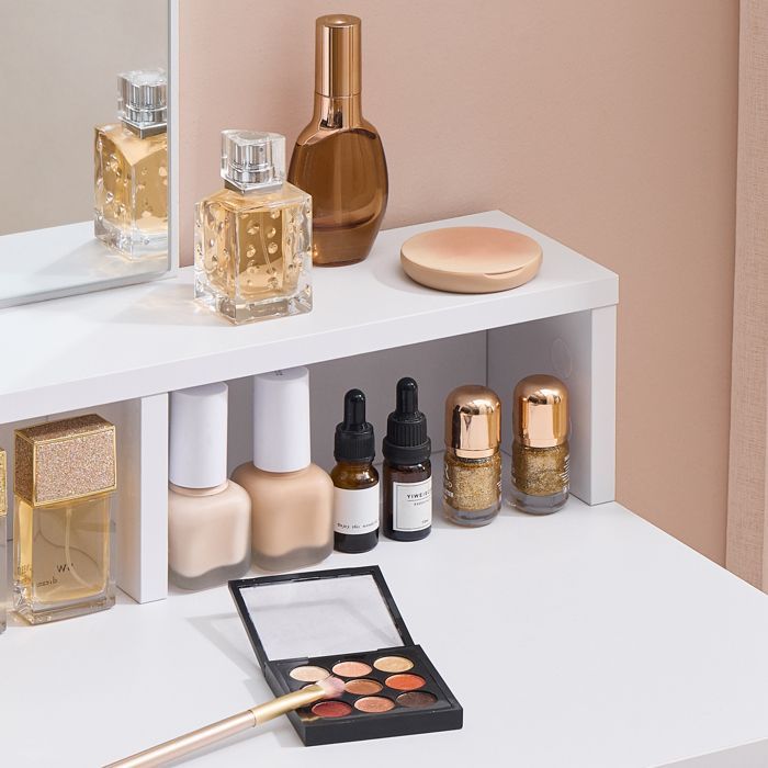 Coiffeuse, avec Miroir LED, avec Rangement, 2 Tiroirs et 3 Compartiments, Blanc