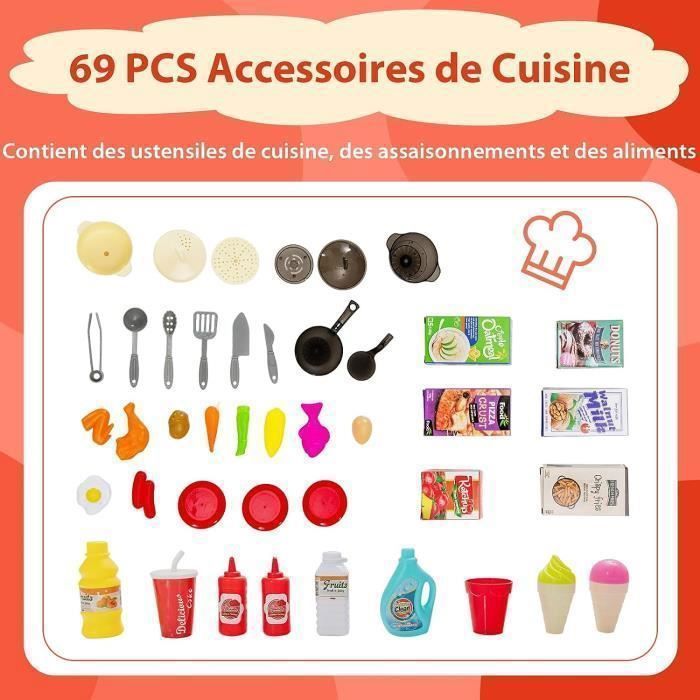 Cocina infantil COSTWAY con 42 accesorios, juego de cocina de juguete, luces y sonidos realistas, regalo de Navidad y cumpleaños para niños de 3 años en adelante, color naranja.