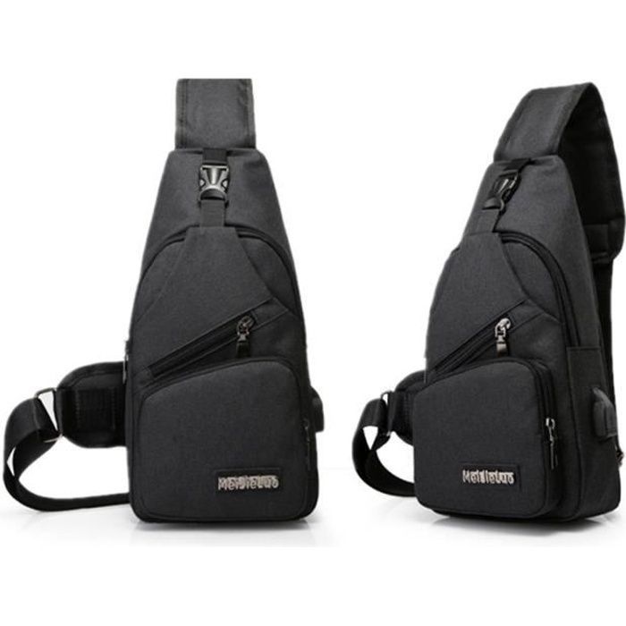 Bolso bandolera negro para hombre con puerto USB, ideal para deportes y viajes.